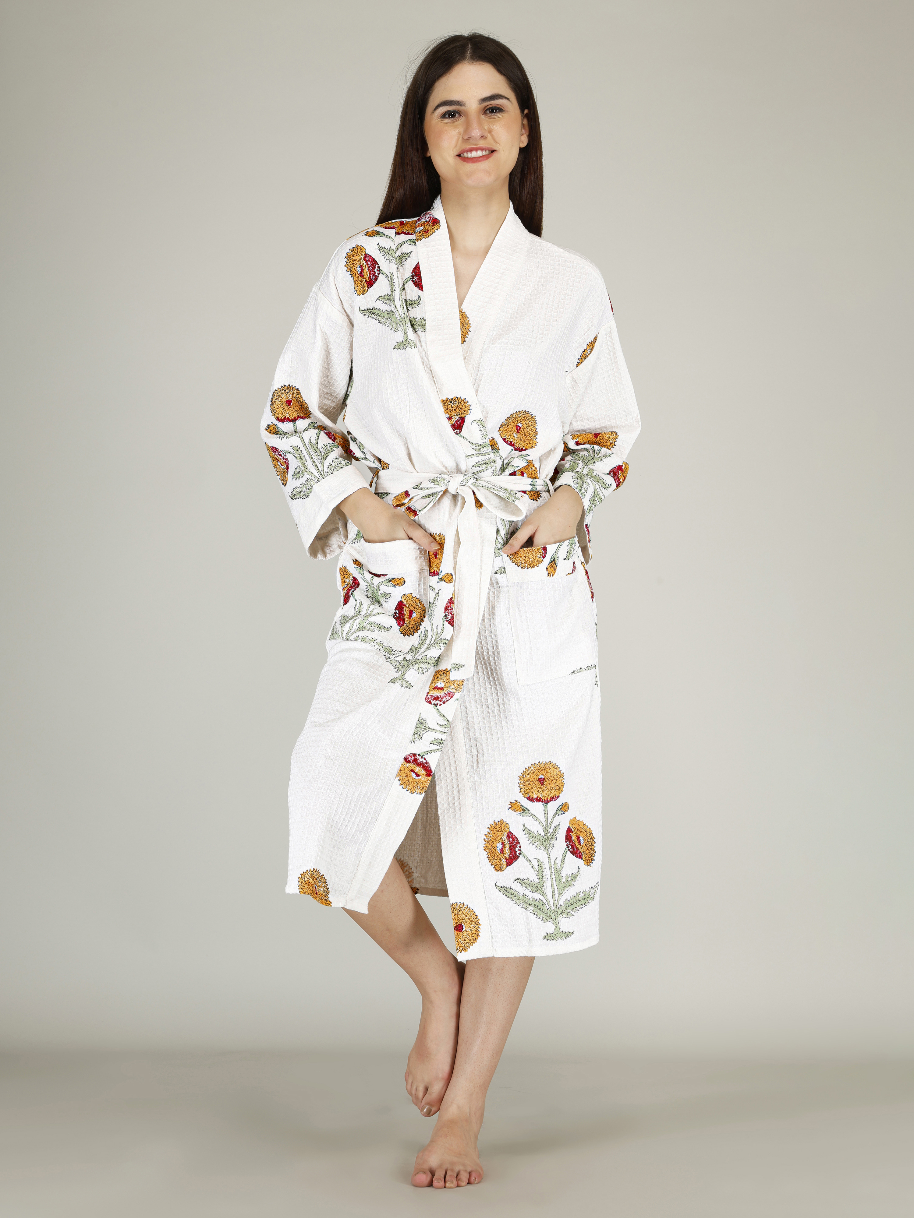 Handblock Print Waffle Cotton Bath Robe - Buy Now