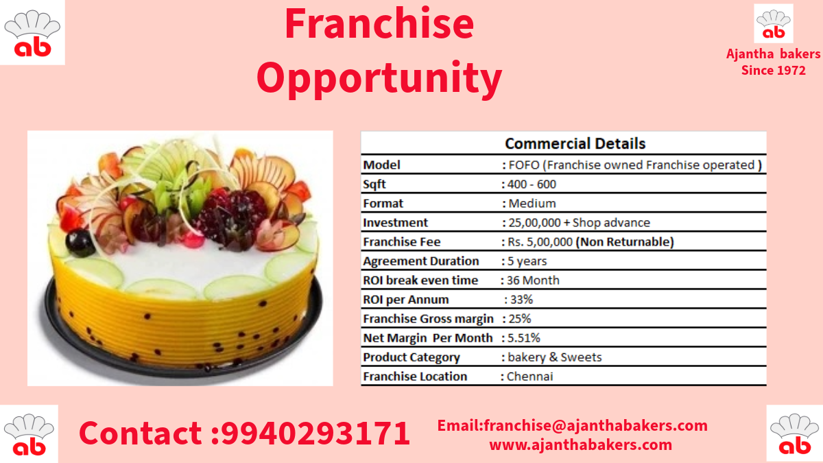 Franchise opportunity in Chennai (Ajantha Bakery & Sweets since 1972)