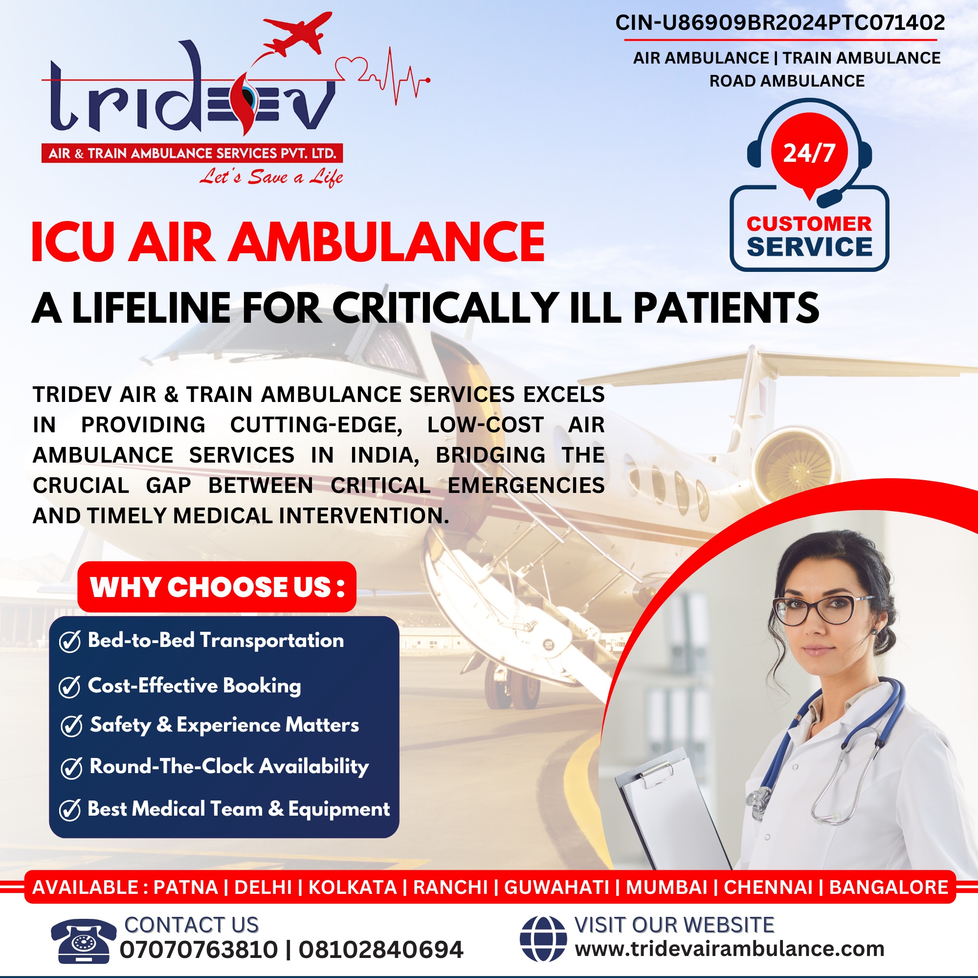 Critical Medical Transfers by Tridev Air Ambulance Kolkata Are Present