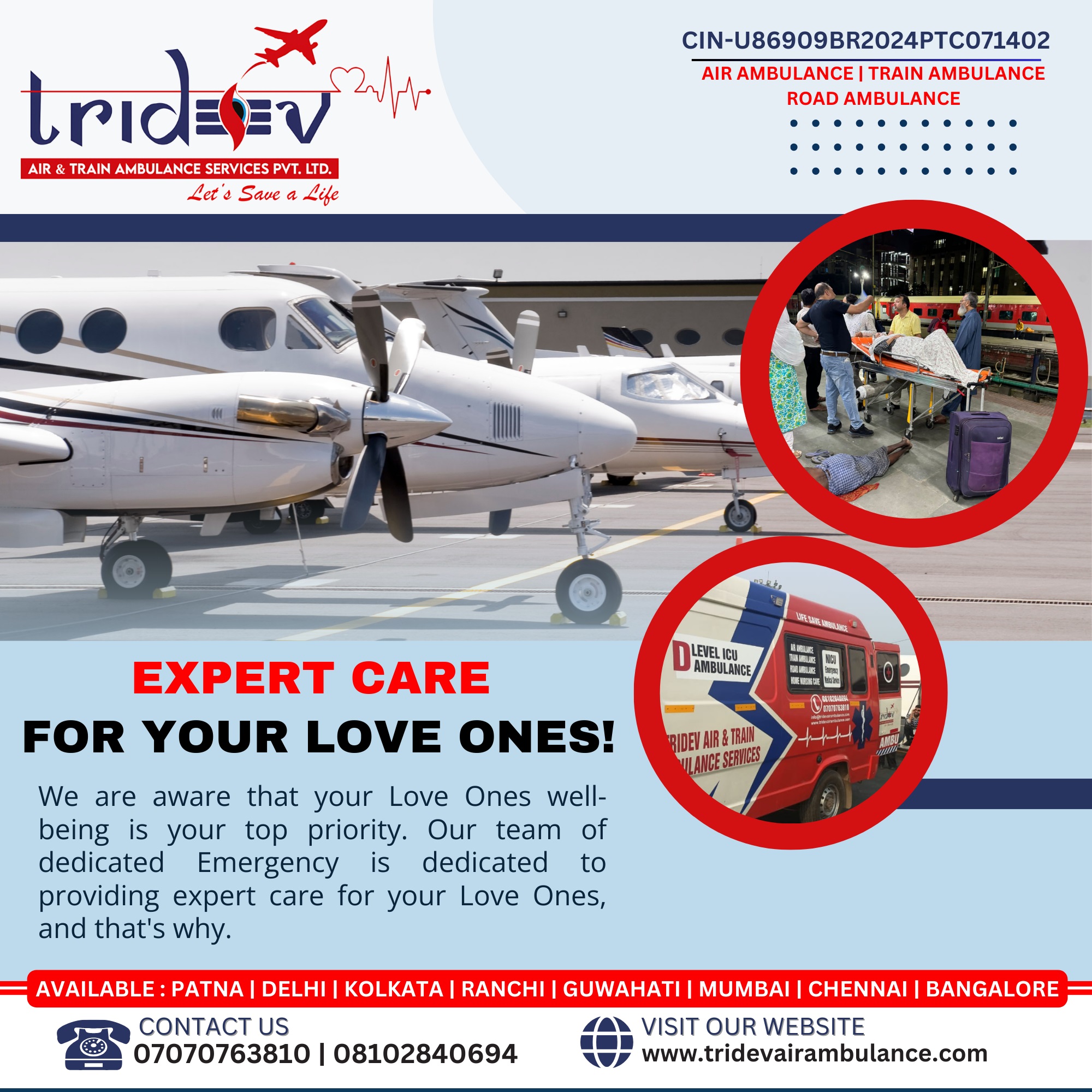 Air Evacuation by Experts in Tridev Air Ambulance Guwahati for Patients